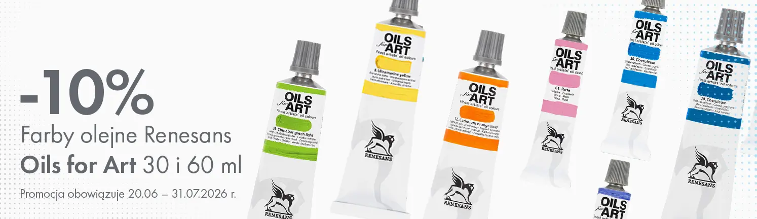Baner promocyjny: 10% rabatu na farby olejne Olej for Art Renesans 30 i 60 ml. Promocja 20.06–31.07.2026. Storm Plastyczny