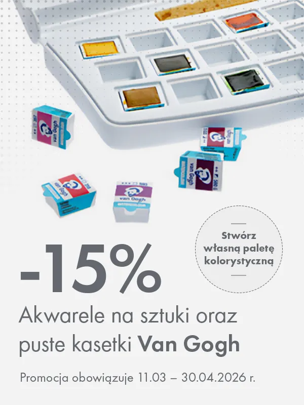 Baner promocyjny: 15% rabatu na akwarele Van Gogh na sztuki oraz puste kasetki. Promocja 11.03–30.04.2026. Storm Plastyczny