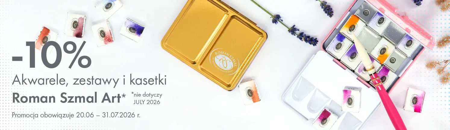 Baner promocyjny: 10% rabatu na akwarele Roman Szmal Art - kostki, półkostki, zestawy i kasetki. Promocja 20.06–31.07.2026. Storm Plastyczny